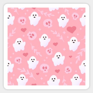 Ghost in pink colours with skulls, hearts and leaves, Sticker